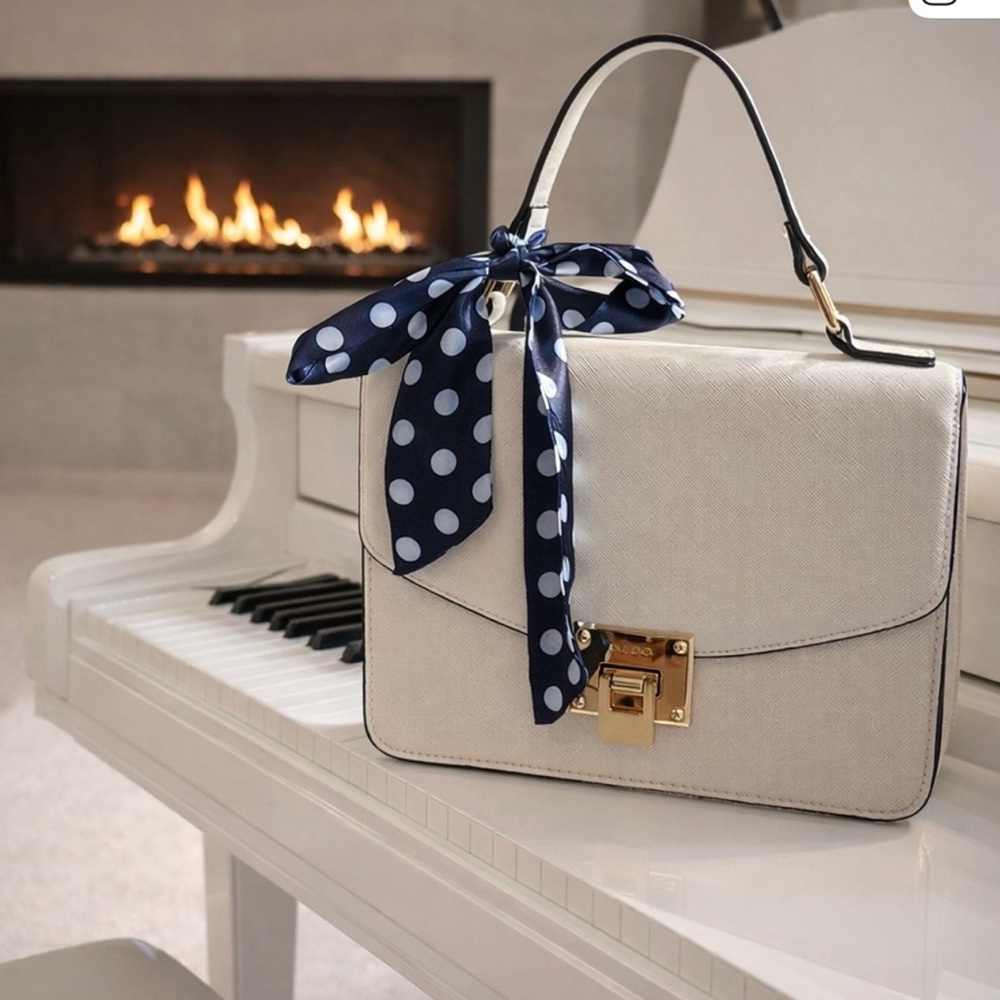 Aldo White Gold Crossbody Bag Structured Top Handle Satchel Elegant Chic